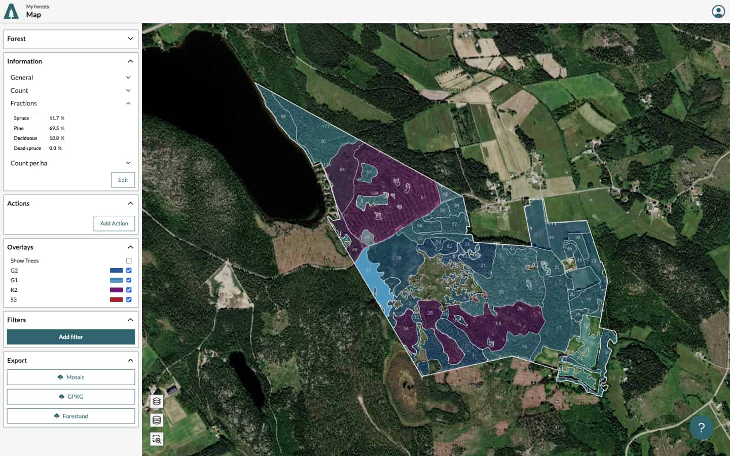 A map view with overlayed forest data in Sweden.